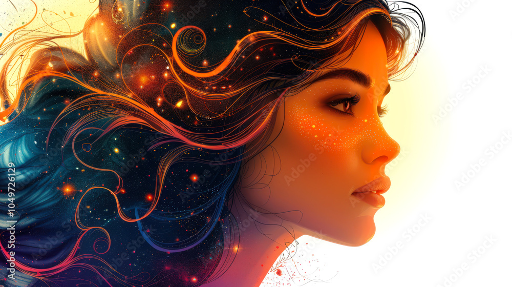 A woman with long black and blue hair with golden curls, close-up, profile view. A symbol of femininity and beauty. The International Day is March 8th. The concept of a postcard A woman with long black and blue hair with golden curls, close-up, profile view. A symbol of femininity and beauty. The International Day is March 8th. The concept of a postcard
