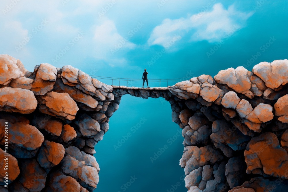 Obraz premium A soft watercolor painting of a person taking a risk by walking across a narrow bridge suspended over a deep canyon, with vibrant blues and greens blending in the landscape