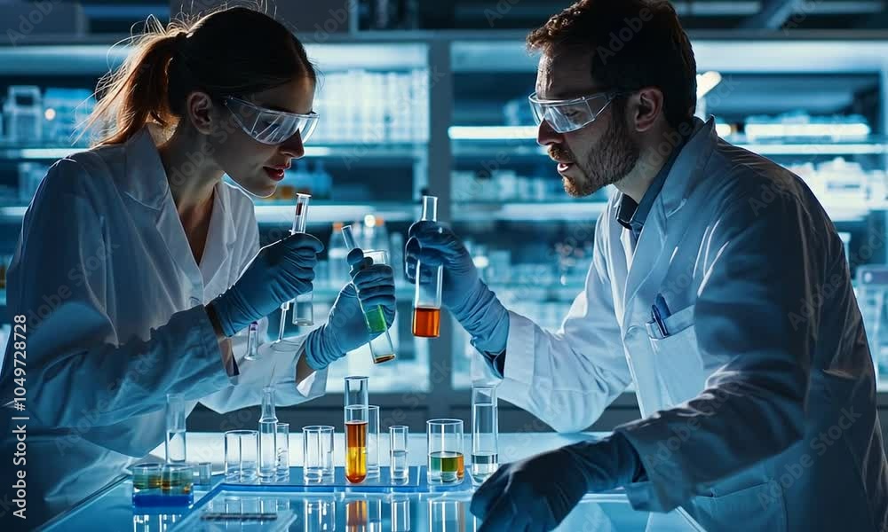 Scientists in lab coats conduct experiments with test tubes and beakers ...