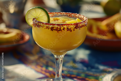 Frozen mango margarita with a chili-salt rim and lime slice, served in a festive glass on a summer-themed table, Cocktail photography