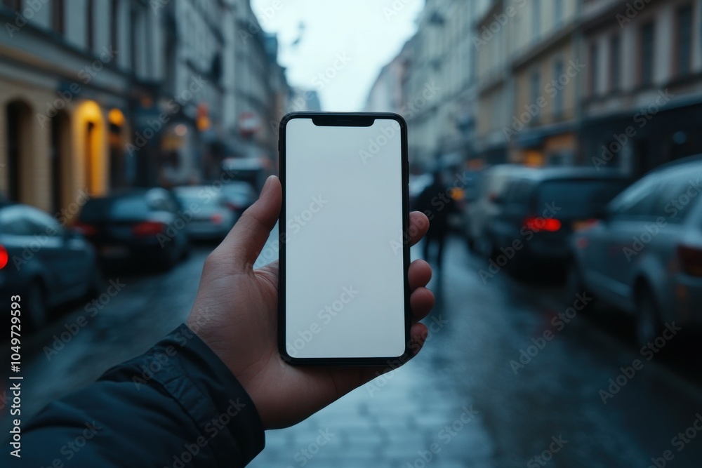 Hand Holding Blank Smartphone in Urban Street Scene Hand Holding Blank Smartphone in Urban Street Scene
