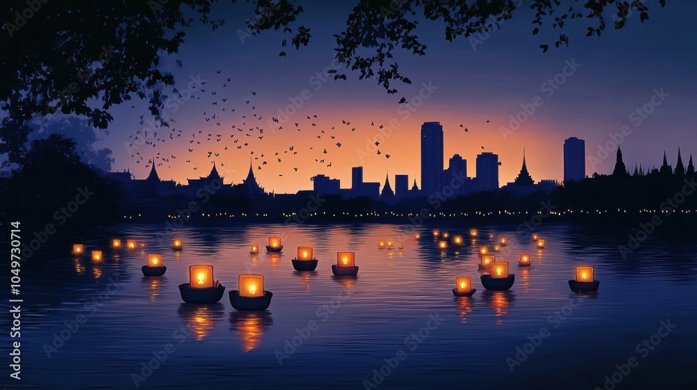 Fototapeta premium Serene Loy Krathong Festival Night Illustration