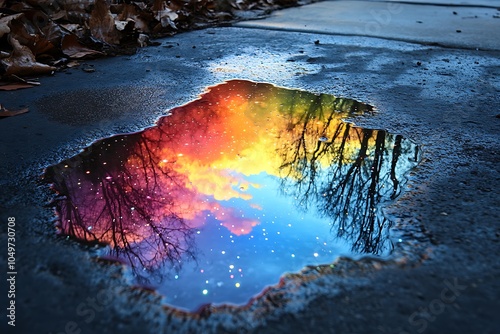 A mesmerizing reflection of a colorful sunset sky in a puddle of water.