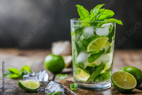 Refreshing mojito cocktail with fresh mint leaves, lime wedges, and crushed ice in a tall glass on a rustic table