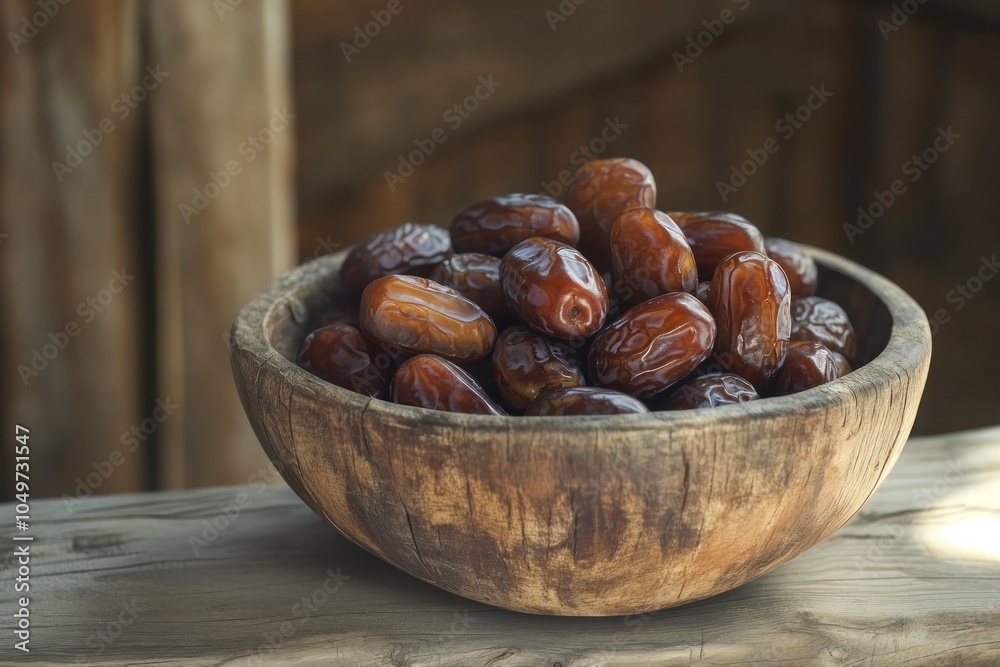 Obraz premium Fresh Dates in Wooden Bowl on Rustic Table