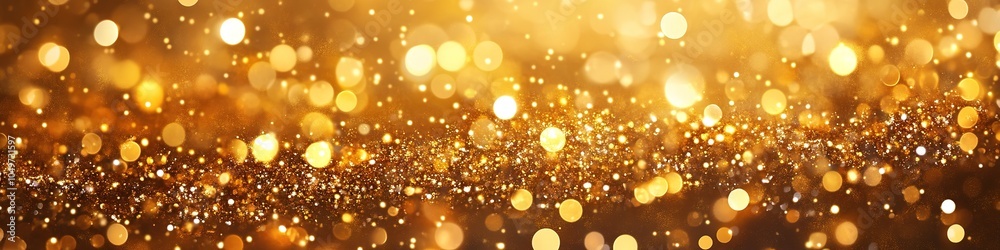 Obraz premium Golden bokeh lights with glitter and festive mood.