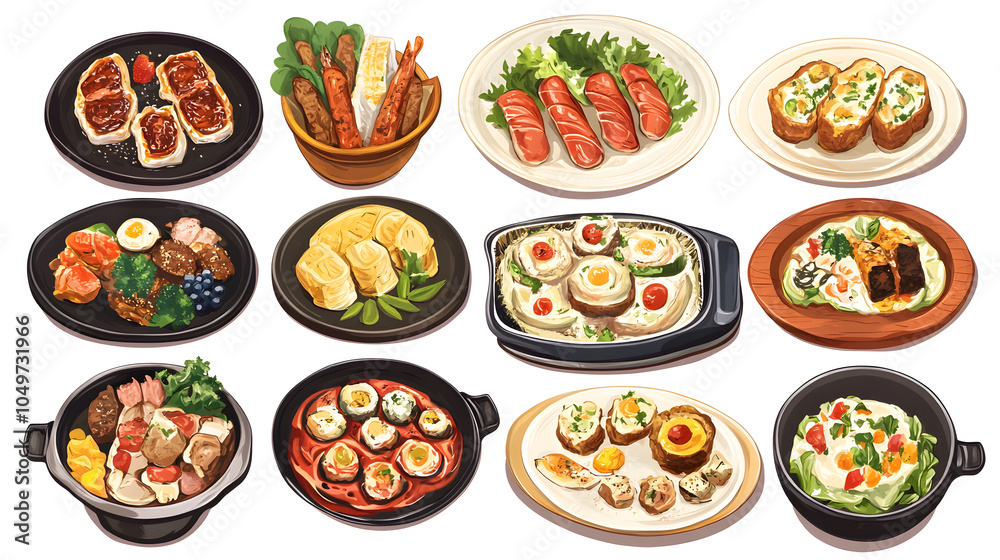 A collection of food items are displayed on a white background A collection of food items are displayed on a white background
