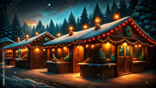 Festive Christmas Market Row With Illuminated Wooden Stalls Against Winter Forest