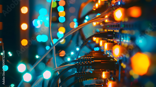 vibrant lights flicker on network switch in bustling data center, showcasing connectivity and efficiency photo