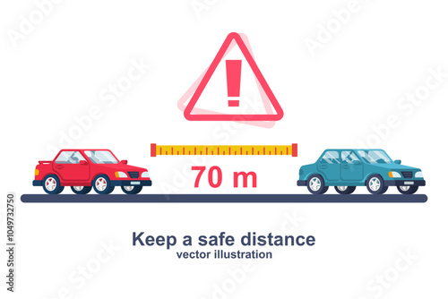 The distance of cars on the road. Keep a safe distance. Safety on freeway. Vector illustration flat design. Isolated on background. Web design template. Landing page. Caution and control of vehicle.