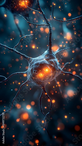 Glowing Neuron with Electric Connections in Dark Background photo