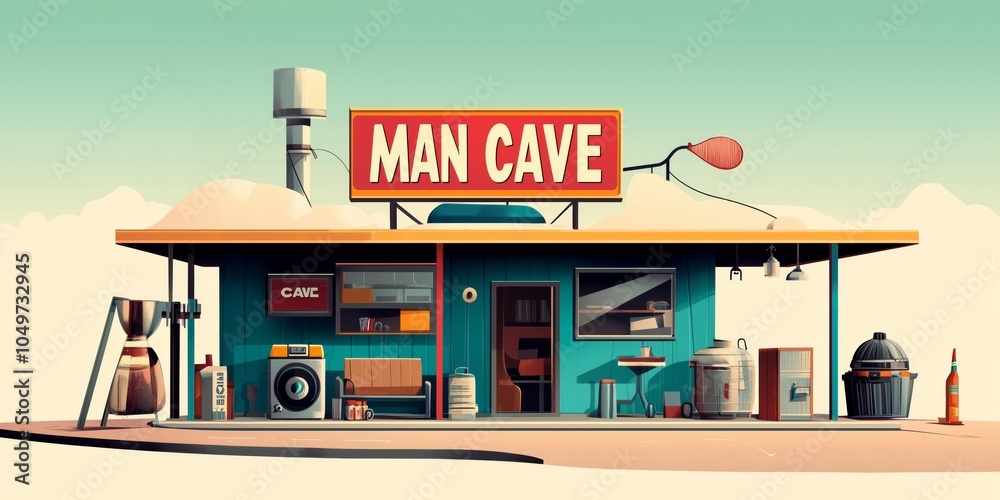 Retro backyard man cave shack with BBQ grill for outdoor leisure