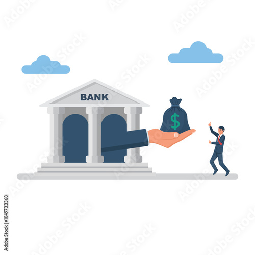 Credit approval. The banker gives money to the businessman. Financial services. Rejoices loan. Give money. Vector illustration flat design. Isolated on white background. Happy people.