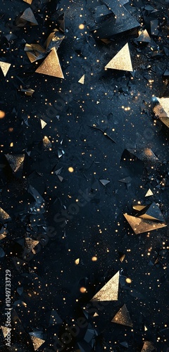 An explosive artwork of shattered golden triangles amidst a dark abstract space, representing chaos, transformation, and breaking boundaries with bold aesthetics.