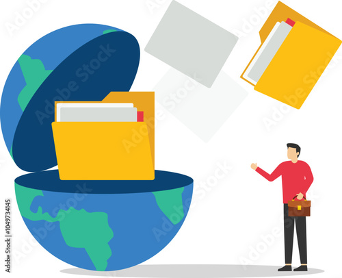 Businessman open globe to see files folder. Arrange online data, paperwork concept, file management. Flat vector illustration

