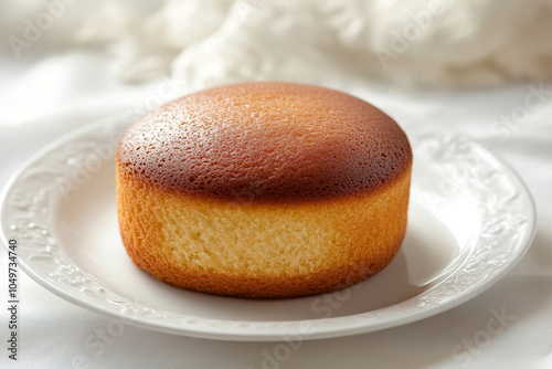 A plain molly cake, no decoration, simple baked form, golden brown top with a smooth surface, soft and moist texture, set on a clean white plate photo