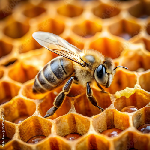 a bee in a beehive and has a honeycomb on it photo