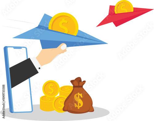 Paper plane with gold coin inside. Concept of online banking and payments, transactions. Flat vector illustration

