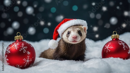 A festive ferret wearing a Santa hat surrounded by Christmas ornaments on snow.