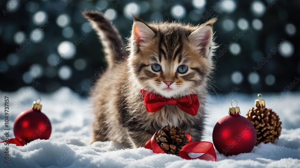 A playful kitten in a snowy setting, adorned with festive decorations and a red bow tie. A playful kitten in a snowy setting, adorned with festive decorations and a red bow tie.