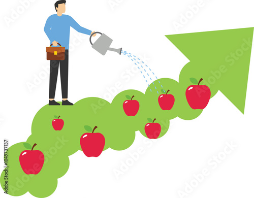 Businessman watering down arrow apple tree. Long-term investment strategy, income growth, business income increase, return on investment. Financial growth Investment strategy plan.

