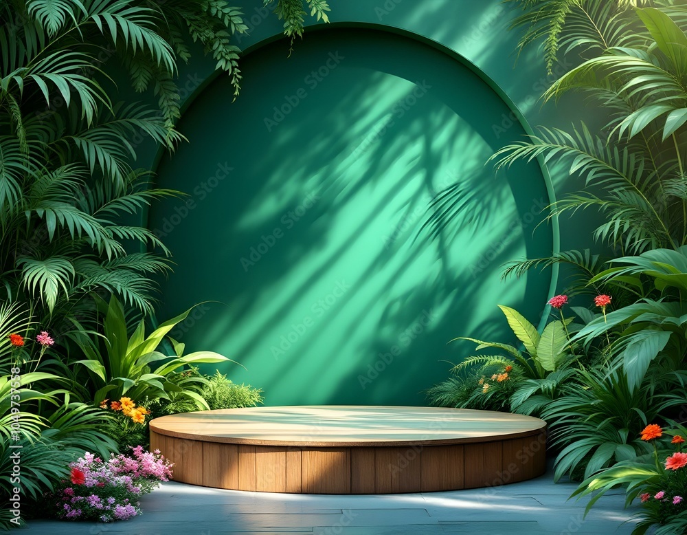 Obraz premium Wooden cube podium in tropical forest for product presentation and green background. empty wooden tabletop podium in garden open forest, blurred green plants background with space.