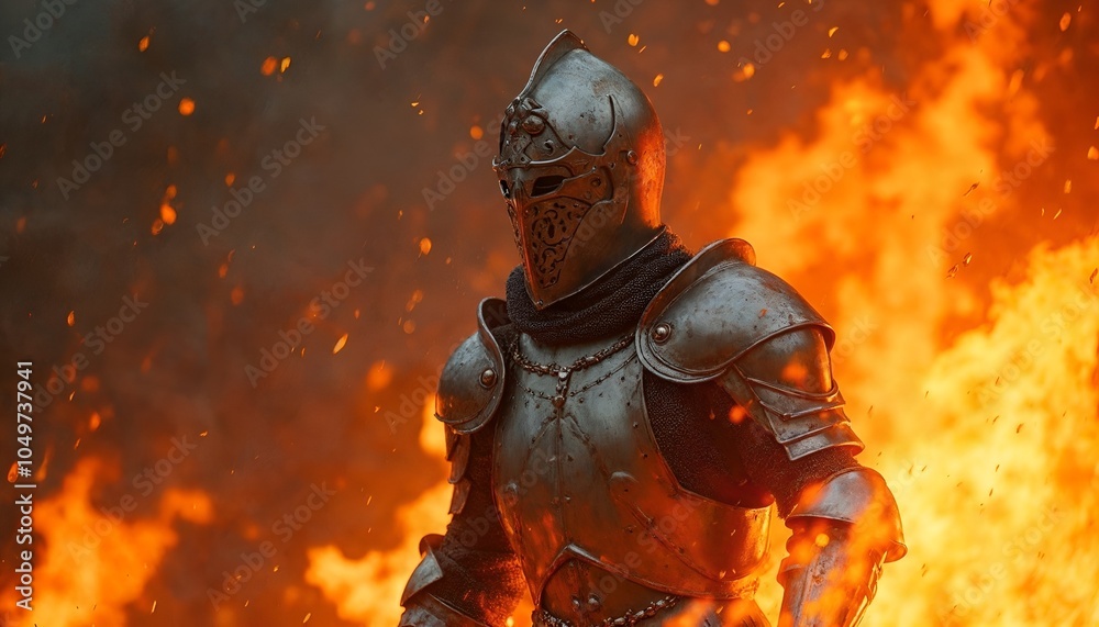 Fototapeta premium a knight in a armor with flames in the background