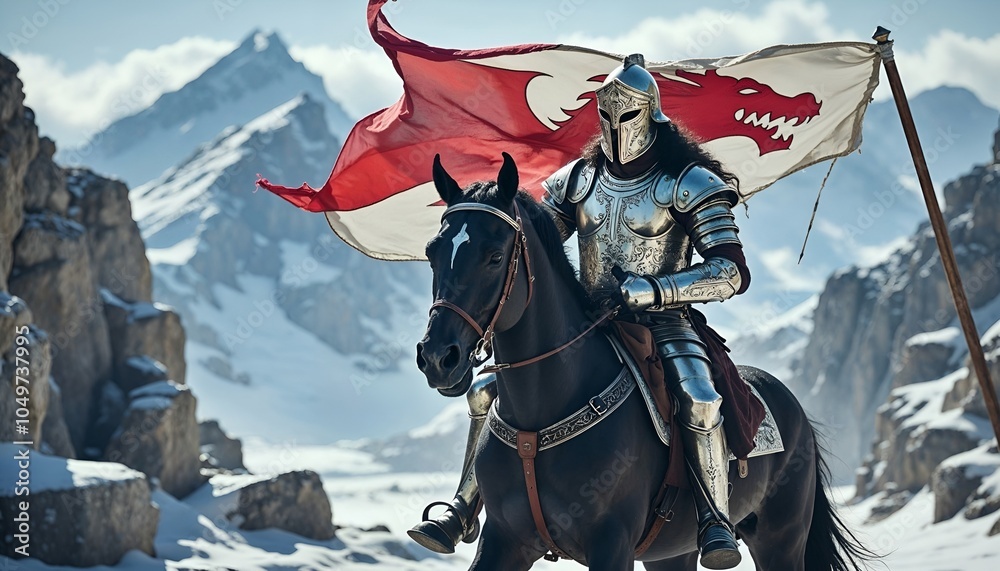 Naklejka premium a knight on a horse with a flag on his chest.