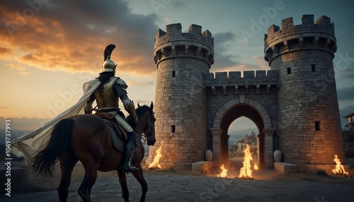 a knight on a horse is looking at a castle.