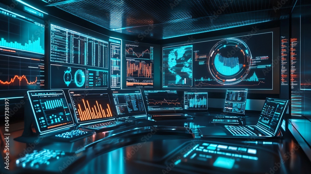 Obraz premium Futuristic Tech Control Room with Multiple Screens Displaying Data and Graphs