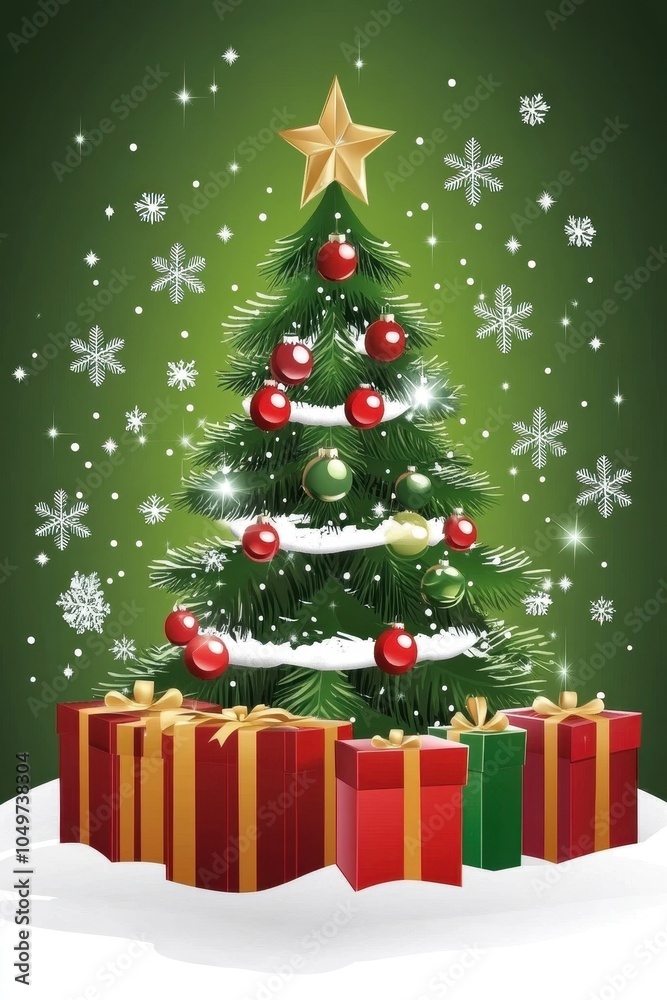 Festive Christmas Tree With Gifts and Snowflakes on Green Background Festive Christmas Tree With Gifts and Snowflakes on Green Background