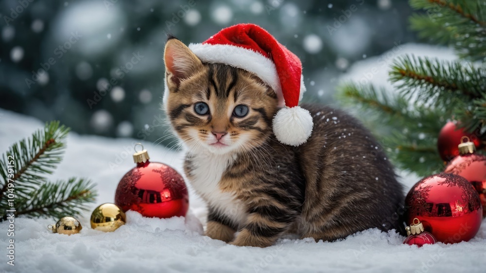 A cute kitten wearing a Santa hat surrounded by Christmas ornaments in a snowy setting.