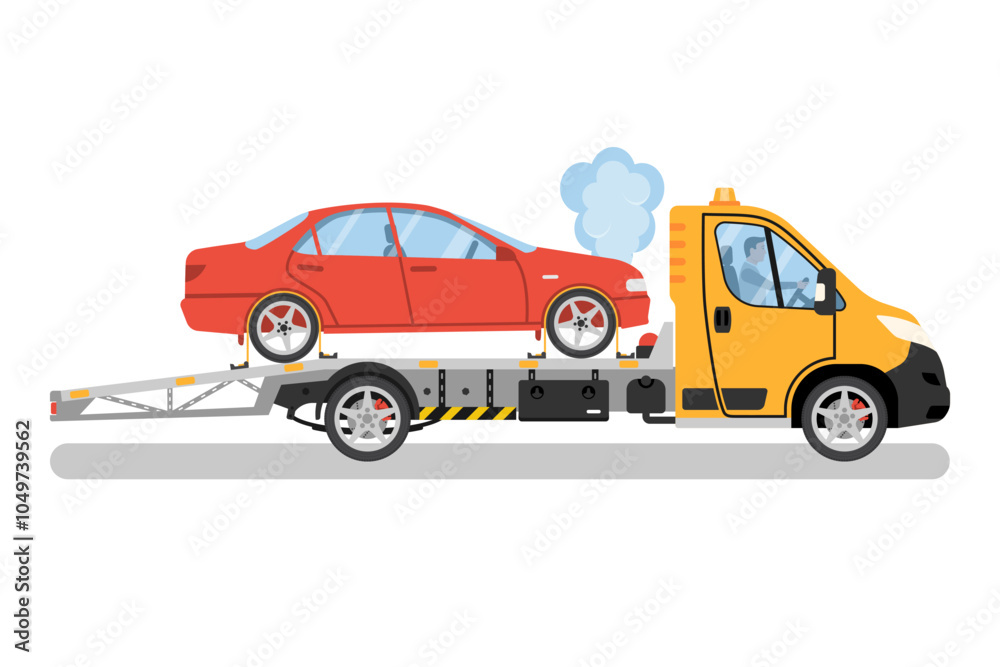 Tow truck. Emergency roadside assistance. Vehicle roadside assistance. A tow truck is transporting a broken down car. Vector illustration flat design. Isolated on white background. Tow truck. Emergency roadside assistance. Vehicle roadside assistance. A tow truck is transporting a broken down car. Vector illustration flat design. Isolated on white background.