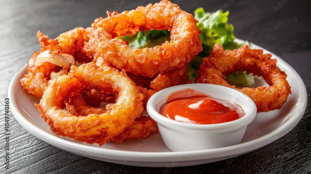 Crispy fried onion rings served with tangy dipping sauce and fresh greens, perfect for snacks or appetizers. Crispy fried onion rings served with tangy dipping sauce and fresh greens, perfect for snacks or appetizers.