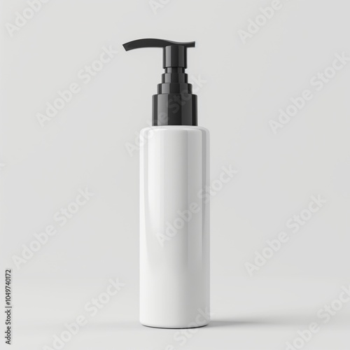 Mockup of white glass cylindrical bottle with black pump on white background