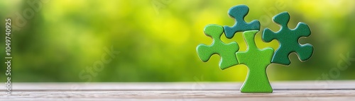Green puzzle piece shaped like a tree on a blurred natural background.