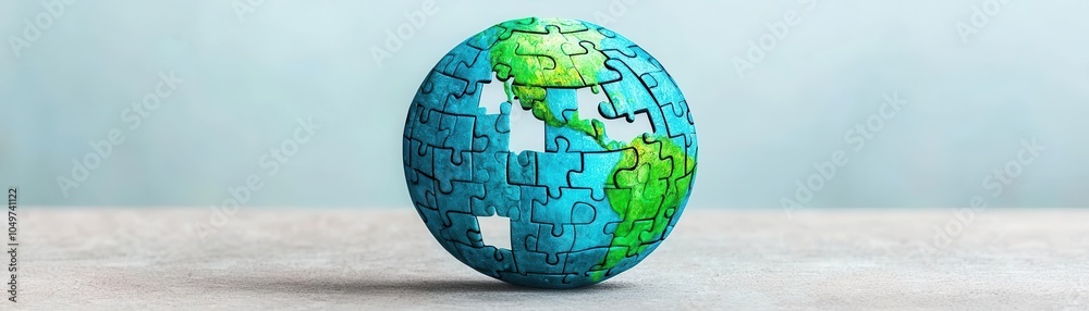 Colorful globe puzzle piece on a soft blue background. Colorful globe puzzle piece on a soft blue background.