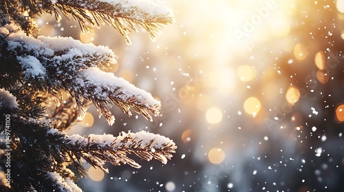 Pine branches laden with snow, framed by softly glowing bokeh light effects and gentle snowfall. photo