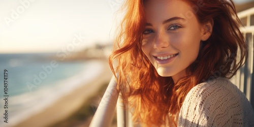 A cute red-haired girl with a beautiful smile poses near the coast on the pier, close-up portrait, Generative AI.