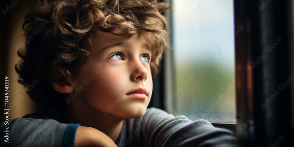 A lonely sad boy looks through the window of a moving train. Homeless orphan. Generative AI.