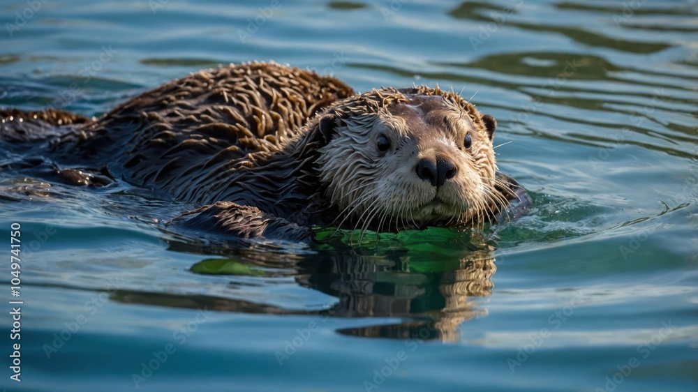 A playful otter swimming gracefully in clear blue water. A playful otter swimming gracefully in clear blue water.