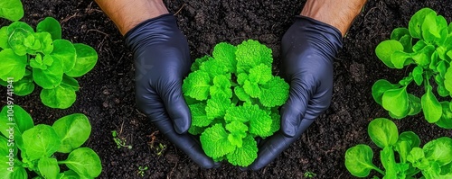 Hands with gloves holding a fresh green plant in rich soil.