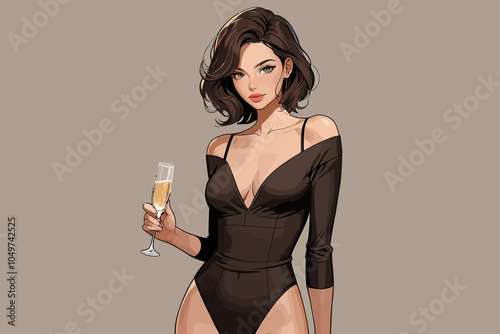 woman with V-neck bodysuits and b a glass of champagne