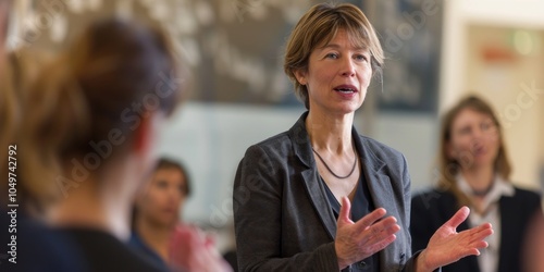 A middle-aged woman mentor talks with candidates about a business project. Generative AI.