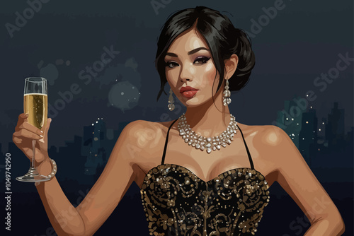 woman with V-neck bodysuits and b a glass of champagne