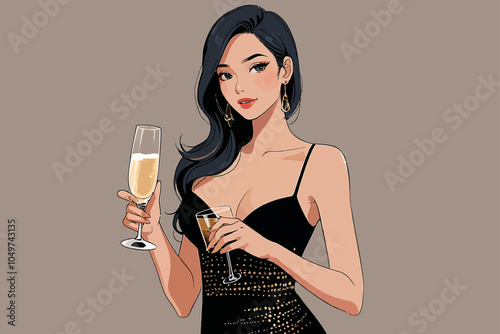 woman with V-neck bodysuits and b a glass of champagne