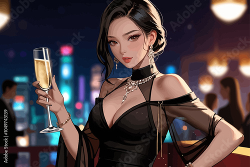 woman with V-neck bodysuits and b a glass of champagne