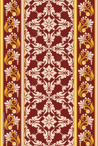 Elegant Floral Pattern in Red, Beige, and Gold with Traditional Ornamental Design Borders