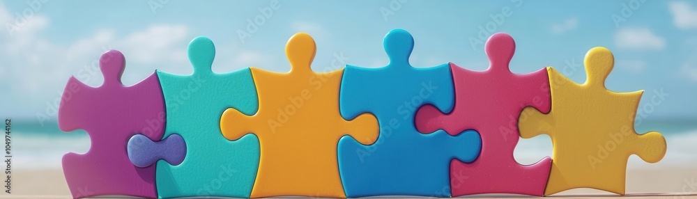 Colorful puzzle pieces arranged on a sunny beach background. Colorful puzzle pieces arranged on a sunny beach background.