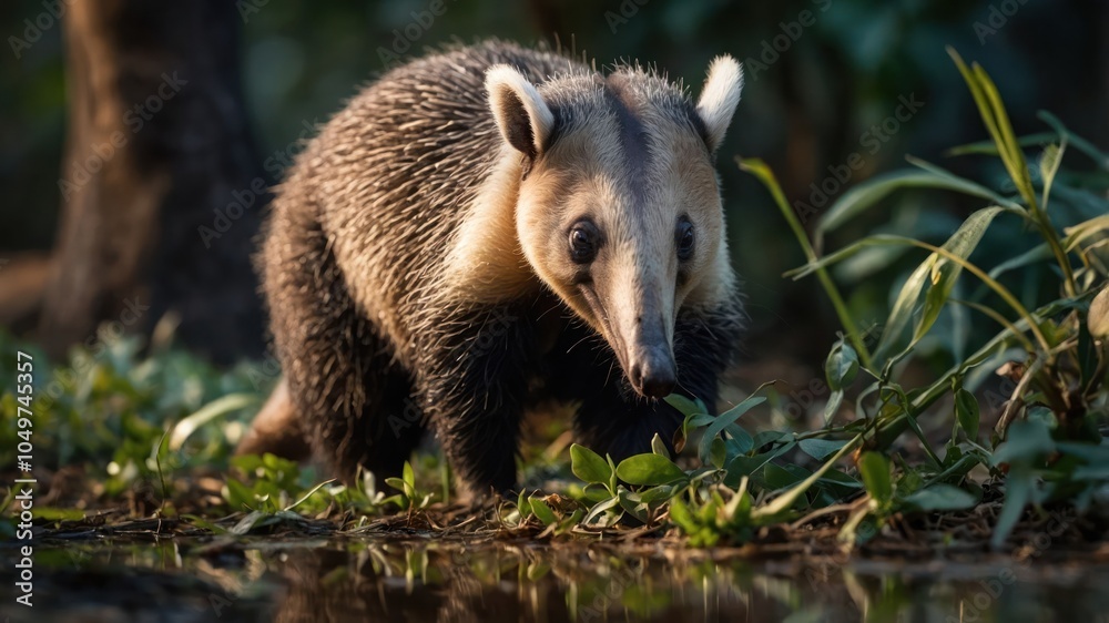 A close-up of an anteater walking through lush greenery near water. A close-up of an anteater walking through lush greenery near water.
